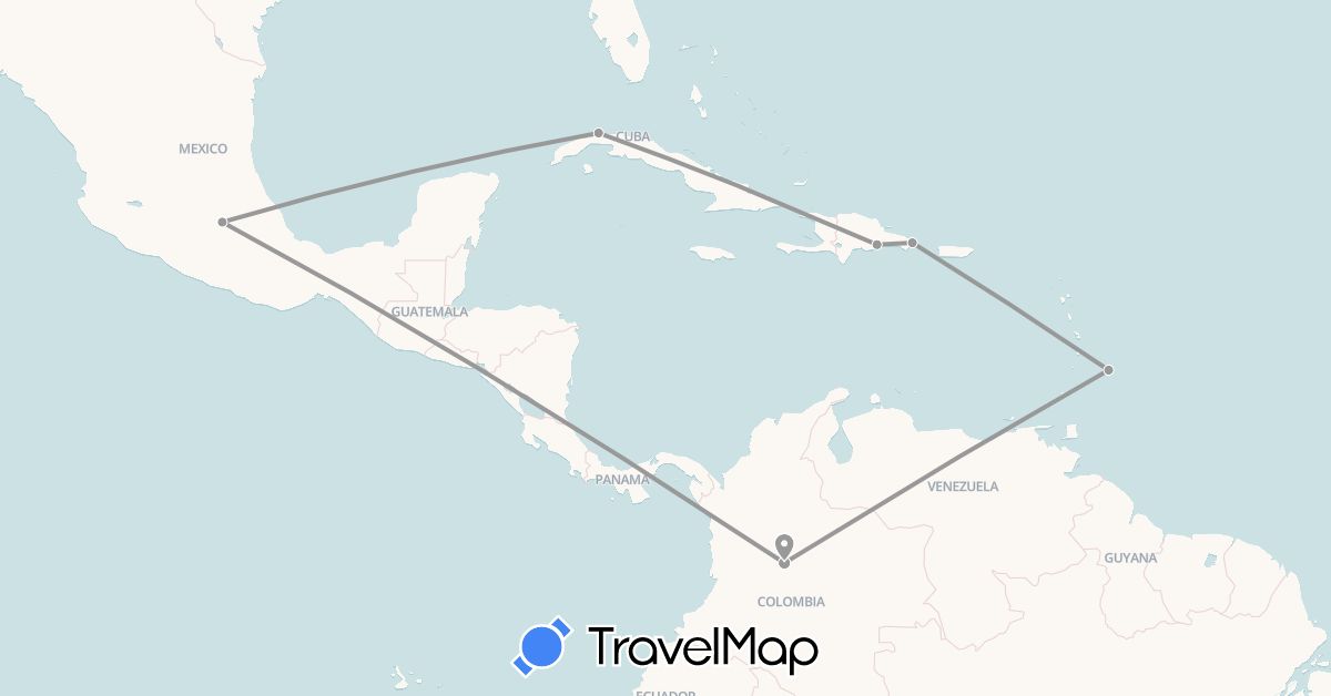 TravelMap itinerary: driving, plane in Barbados, Colombia, Cuba, Dominican Republic, Mexico (North America, South America)